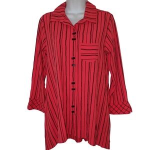 Habitat Red Stripe Button Up Long‎ Sleeve Tunic Top Women XS Boho Casual